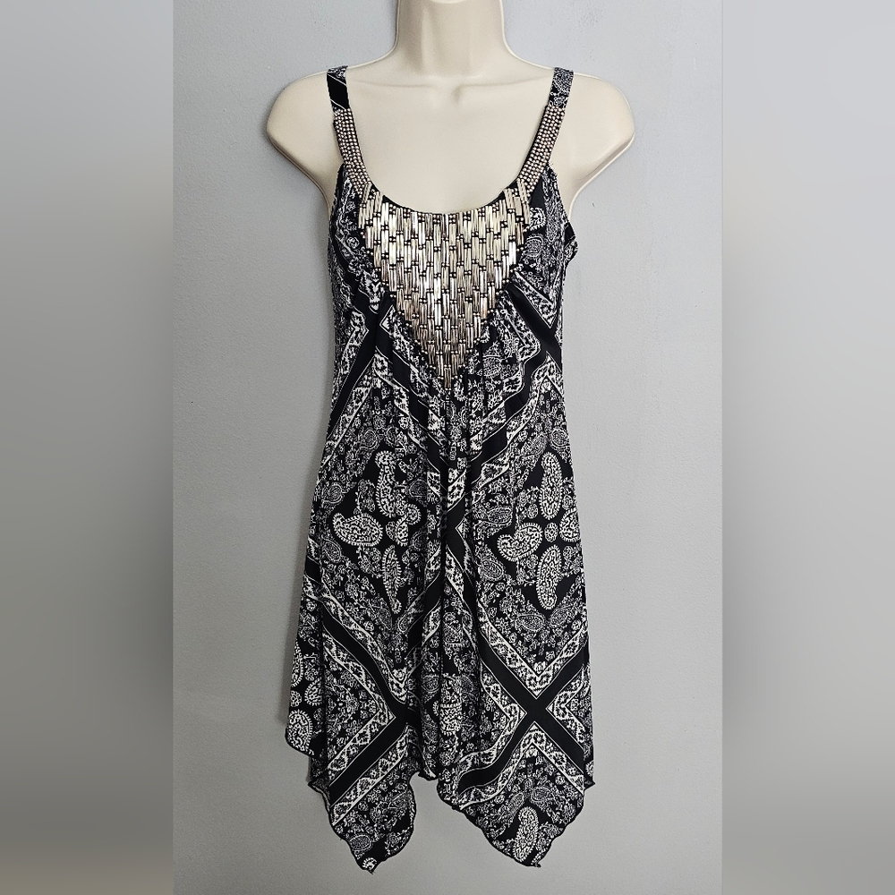 Venus Dress Womens Size S Black White Silver Metallic Studs Handkerchief Hem